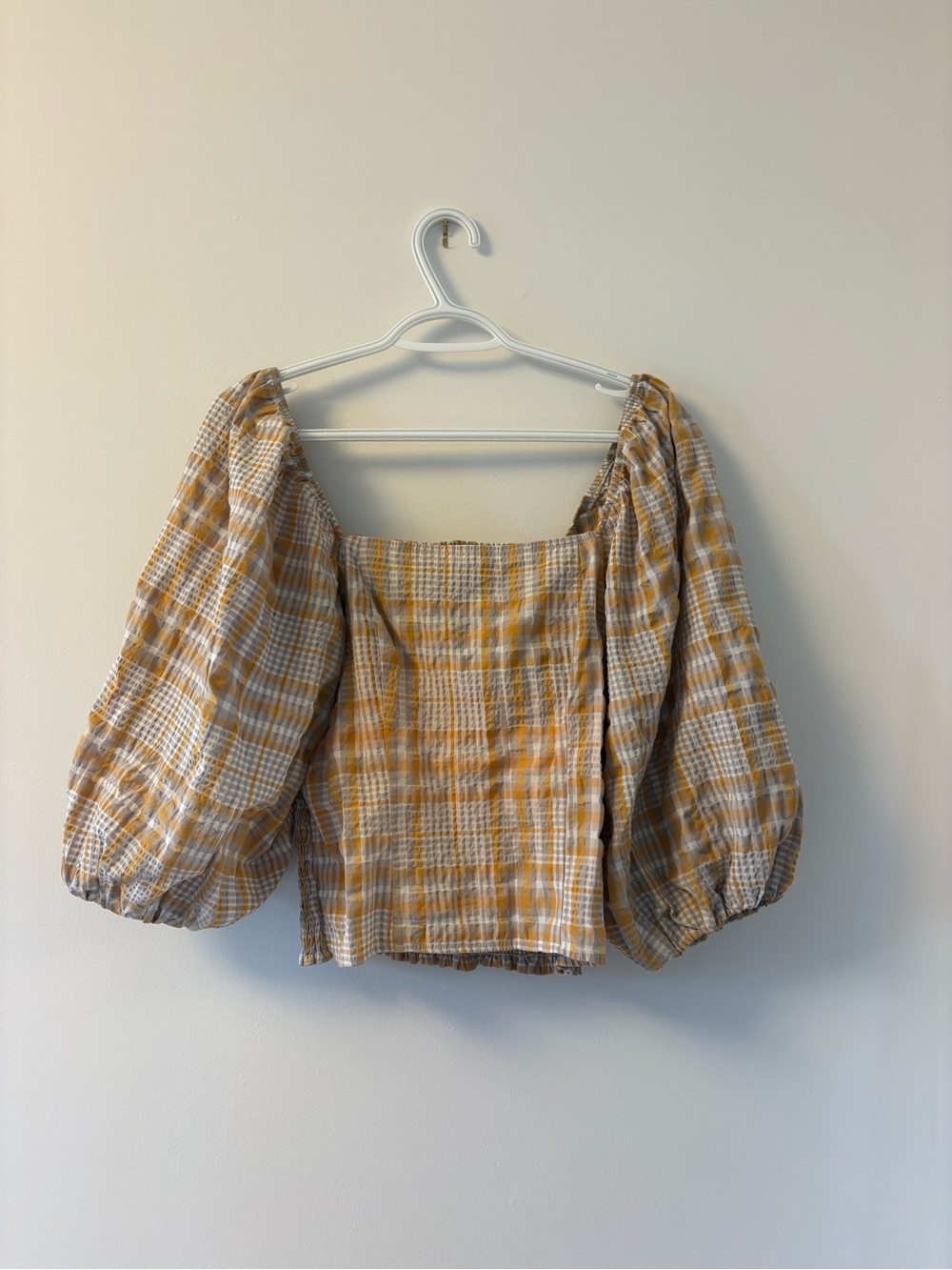 Maeve Yellow Plaid Smocked Square-Neck Puff Sleeve Top